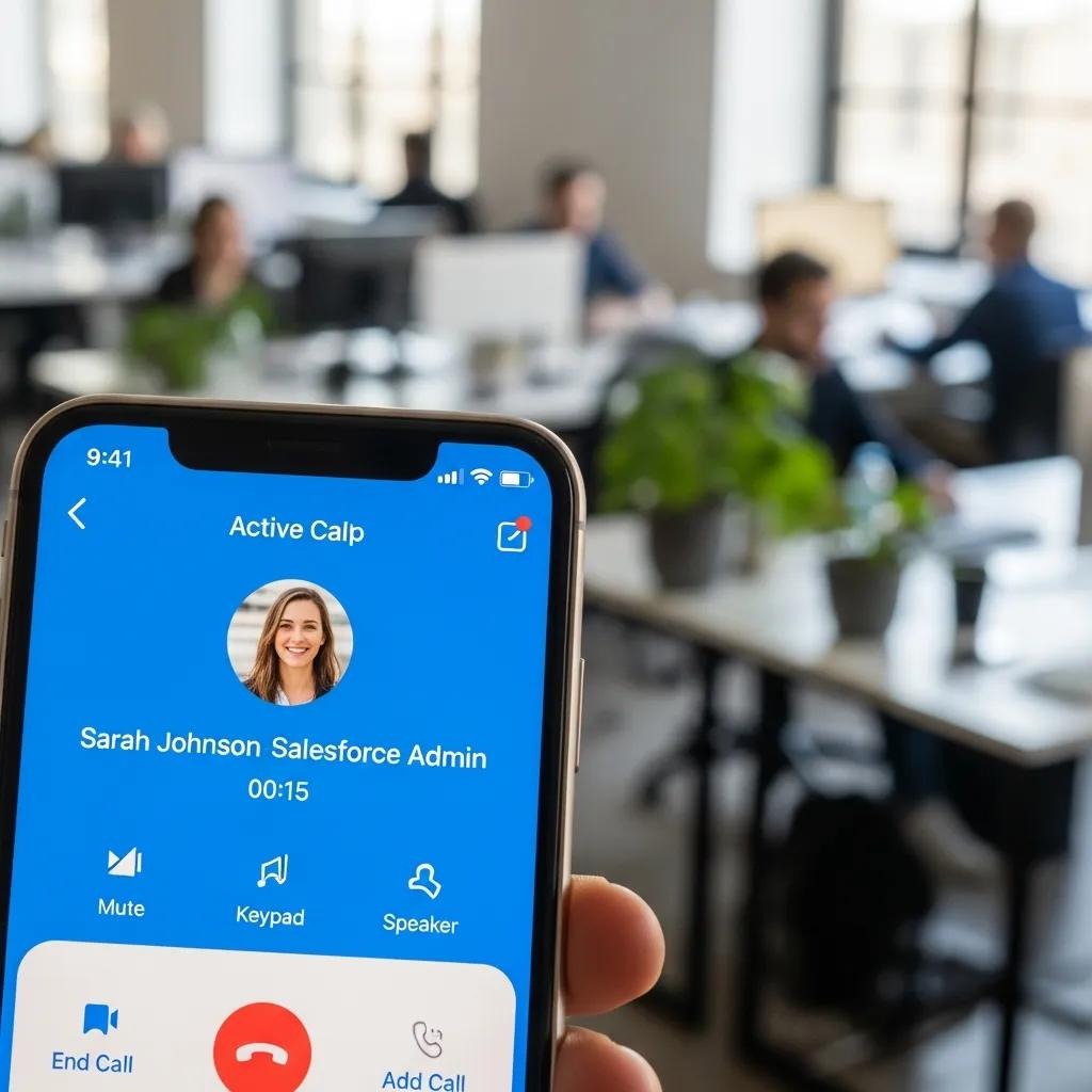Smartphone showcasing a VoIP application in a busy office, representing the benefits of VoIP for Salesforce users